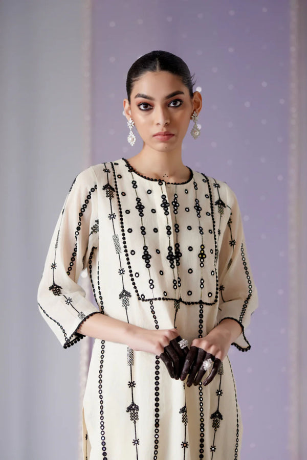 hand embroidered short cris cross kurta with pleated pants main image 0