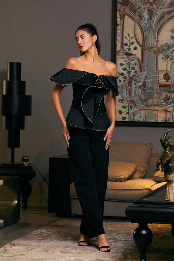 Siddartha Tytler - Black Off Shoulder Peplum Corset - Elahe