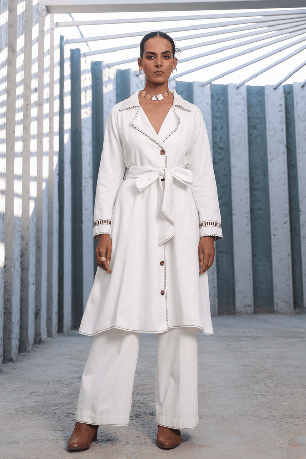 Raw & Rustic By Niti Bothra - Azure Trench Coat Set in White - Elahe