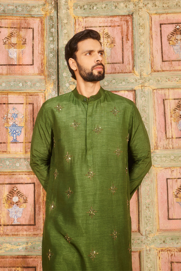 Olive Green Embroidered Yoke Kurta Set