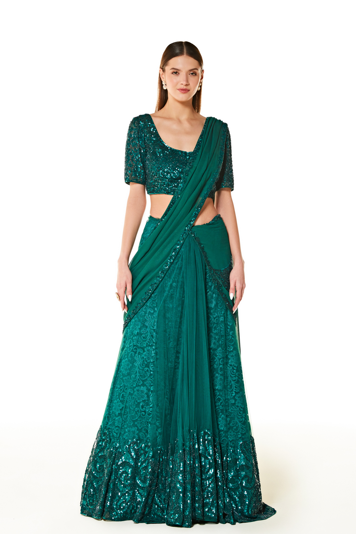 Green Adha Embroidered Lehenga Saree Set