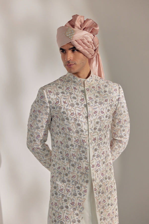 Jatin Malik White Vine Sherwani Elahe