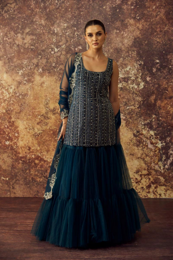 Blue Embellished Handkerchief Hemline Kurti & Skirt Set