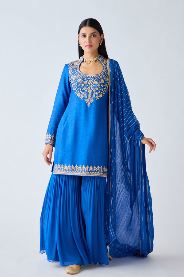 Basanti Kapde Aur Koffee - Blue Silk Embroidered Sharara Set - Elahe