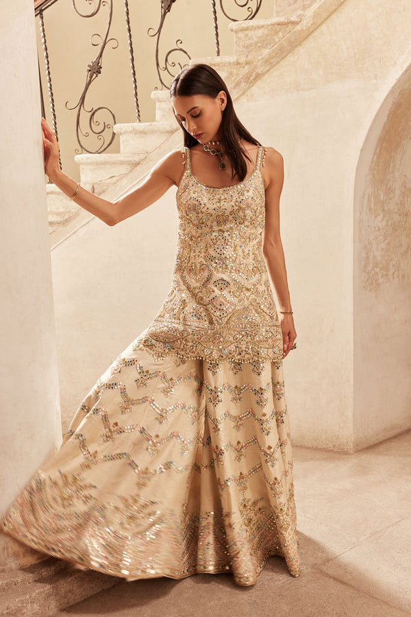 Tamanna Punjabi Kapoor Ivory Chevron Mirror Sharara Set Elahe