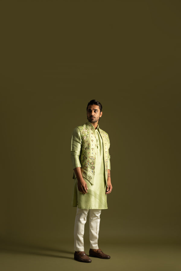 Pistachio Green kurta, Embroidered Slim Pants And Dupatta Set main image 1