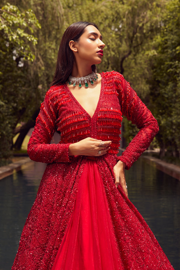 Istya Red Jacket Gown With Net Skirt Elahe
