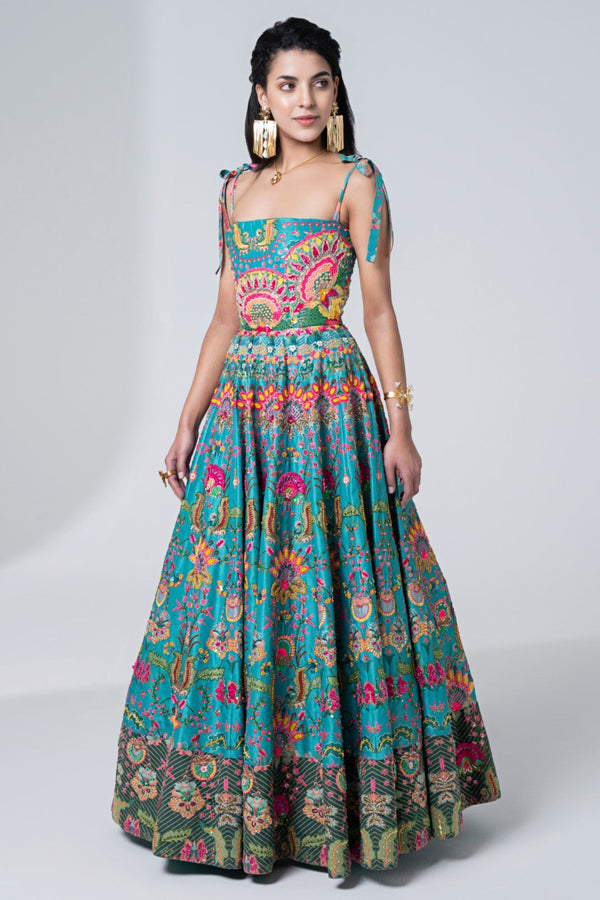 Hawaiian Teal Embroidered Corseted Gown L Hawaiian Teal Embroidered Corseted Gown L