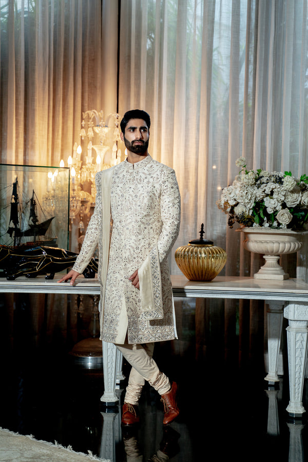 Ivory gold beige sherwani set Elahe