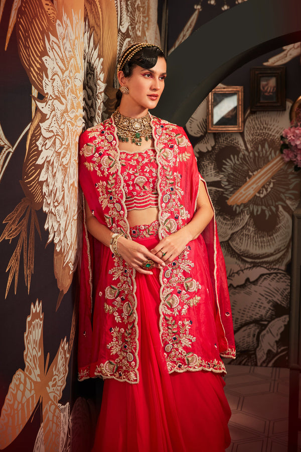 Khushboo Bagri - Raspberry Cape Set With Lehenga - Elahe