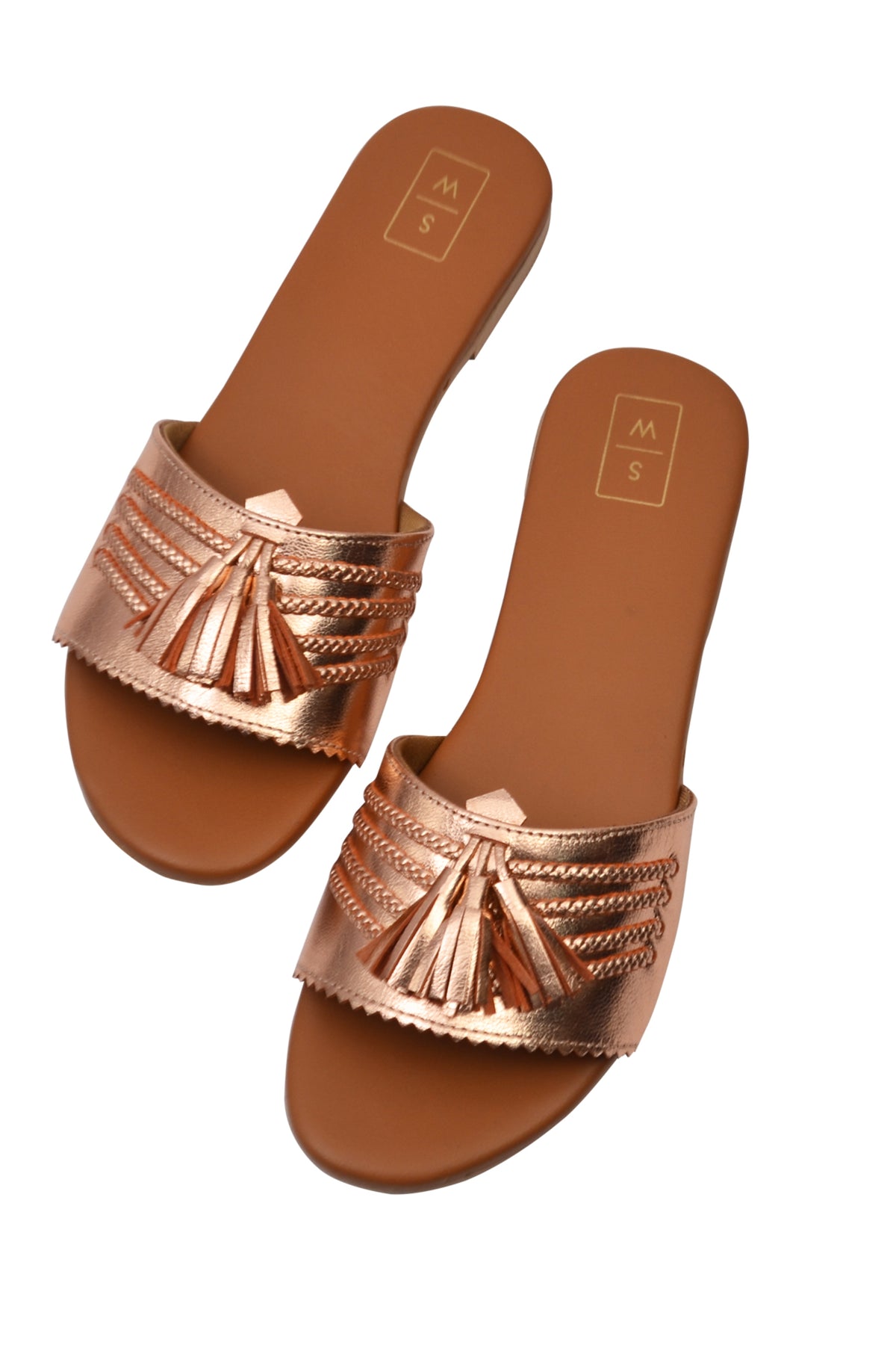 gold metallic leather Sliders