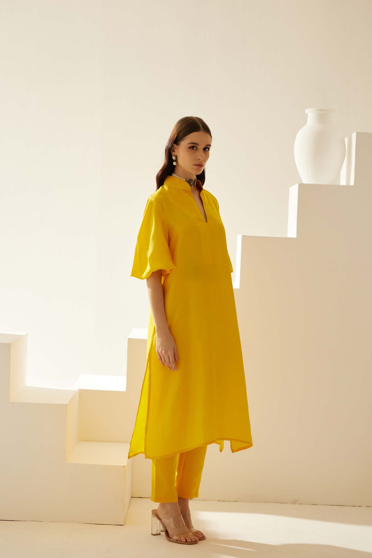 Yellow V-neck Tunic Sets