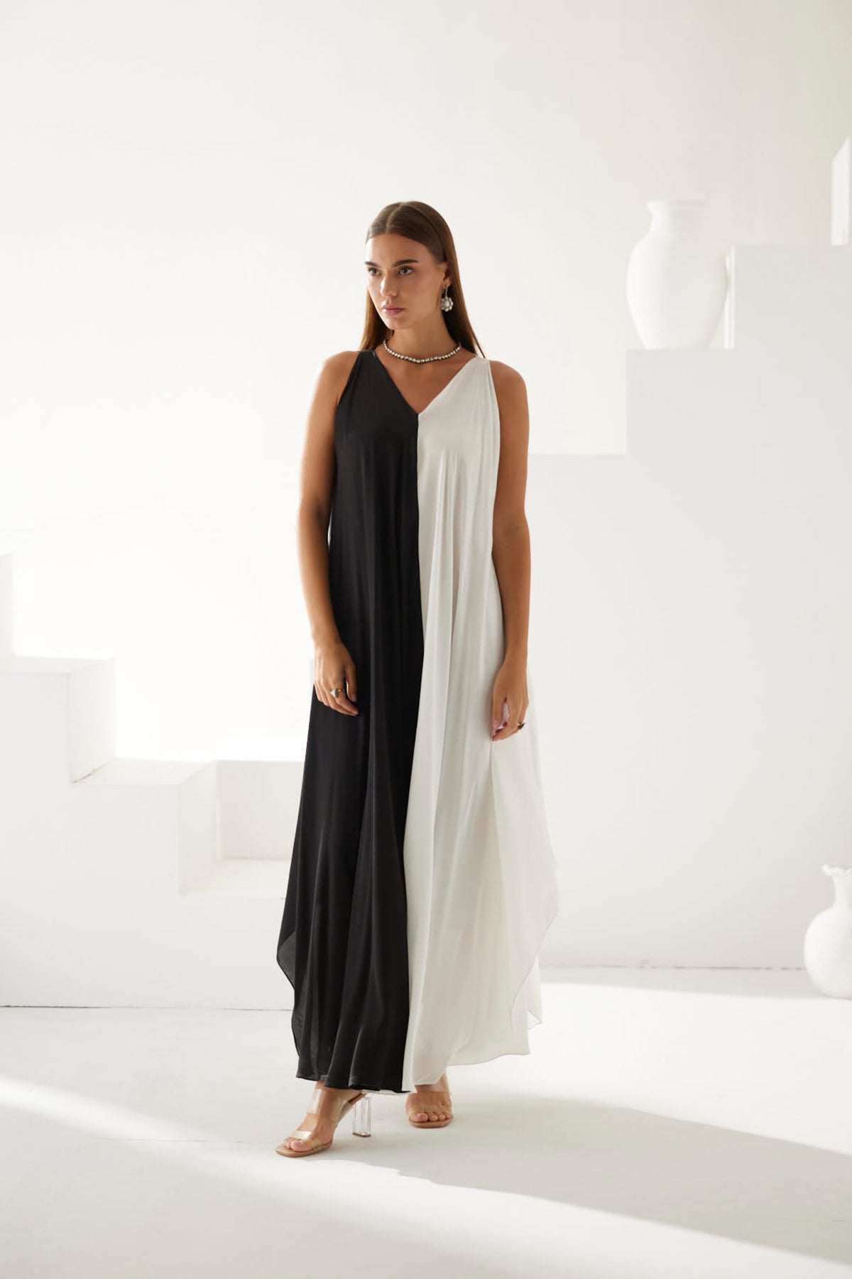 Black And White Colorblock Maxi Dress