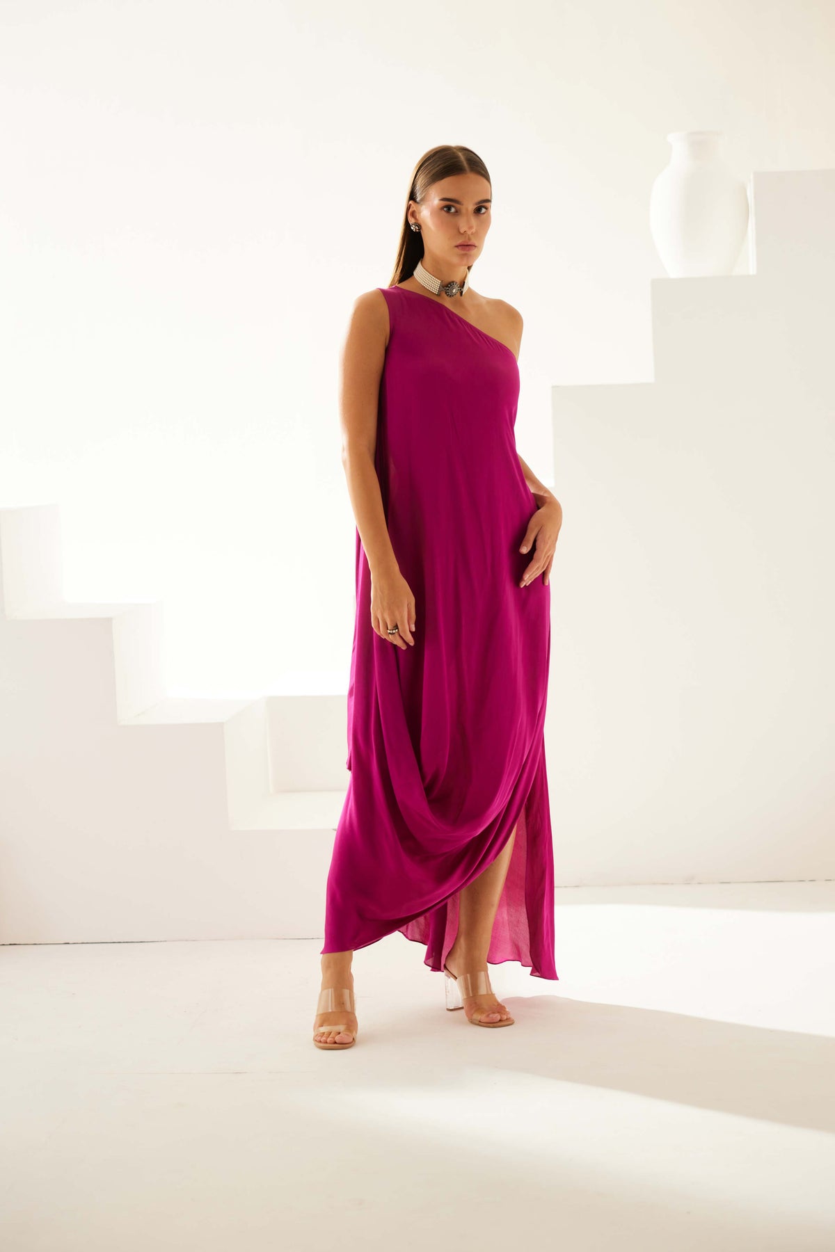 Wine One Shoulder Maxi Dress