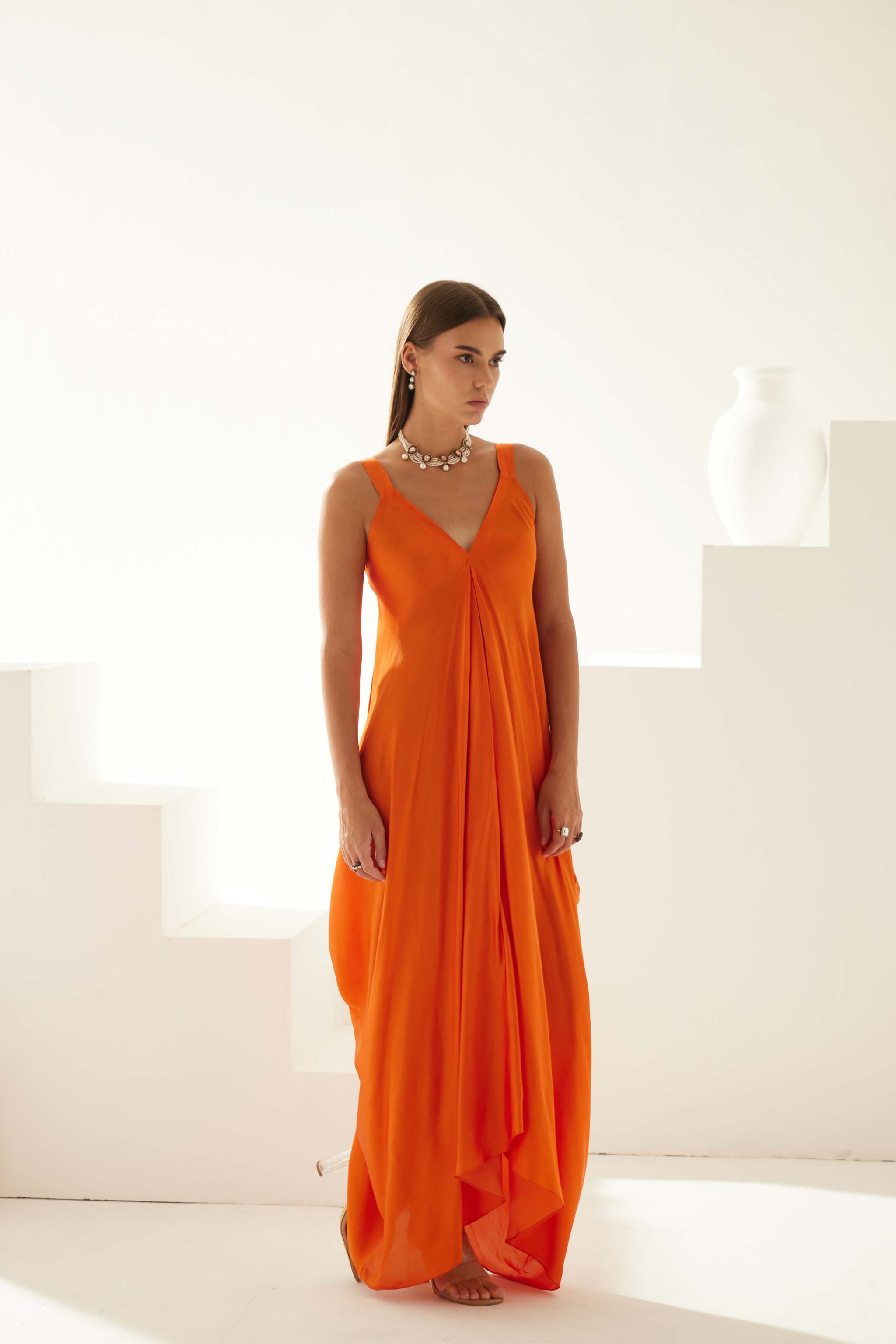 Wear Jaja Orange Drape Maxi Dress Elahe