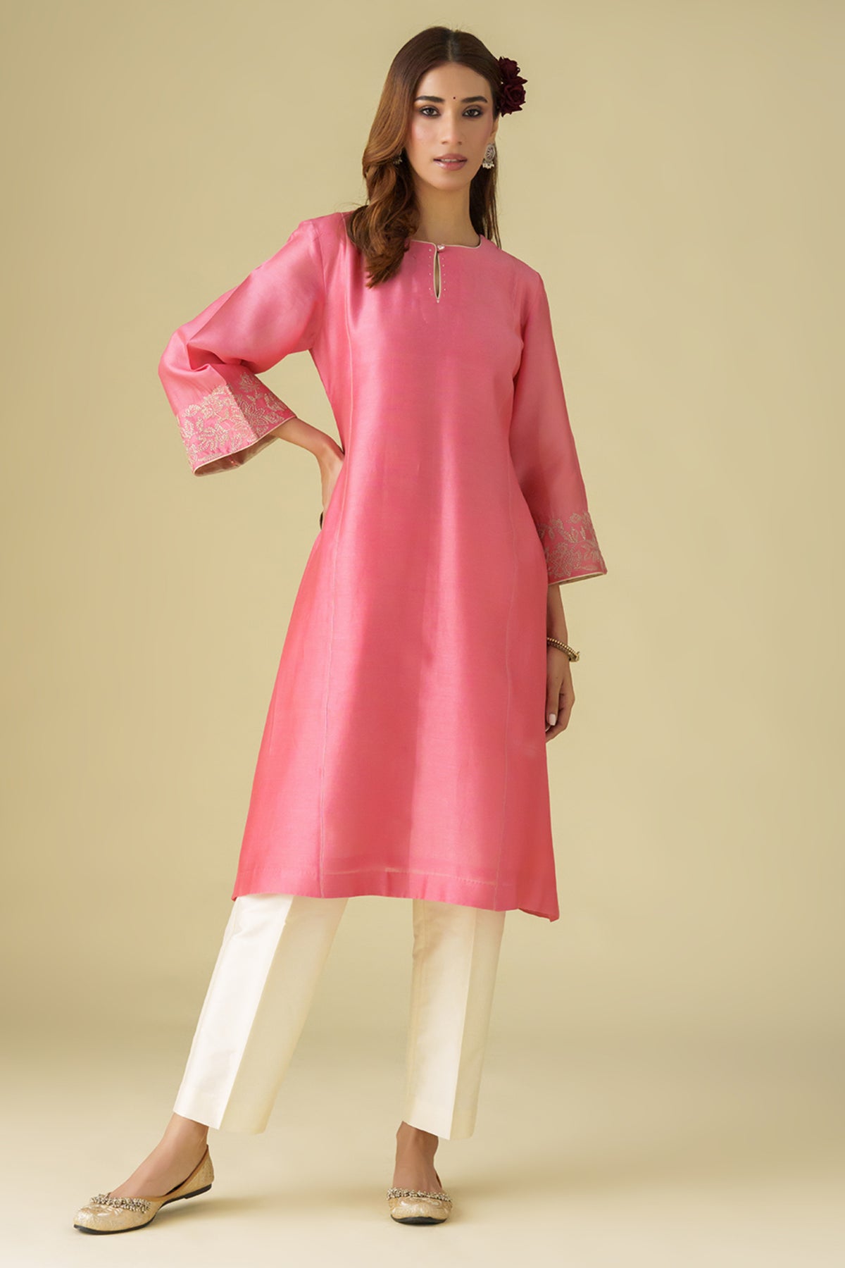 Pink Zari Embrodiery Gulzar Kurta