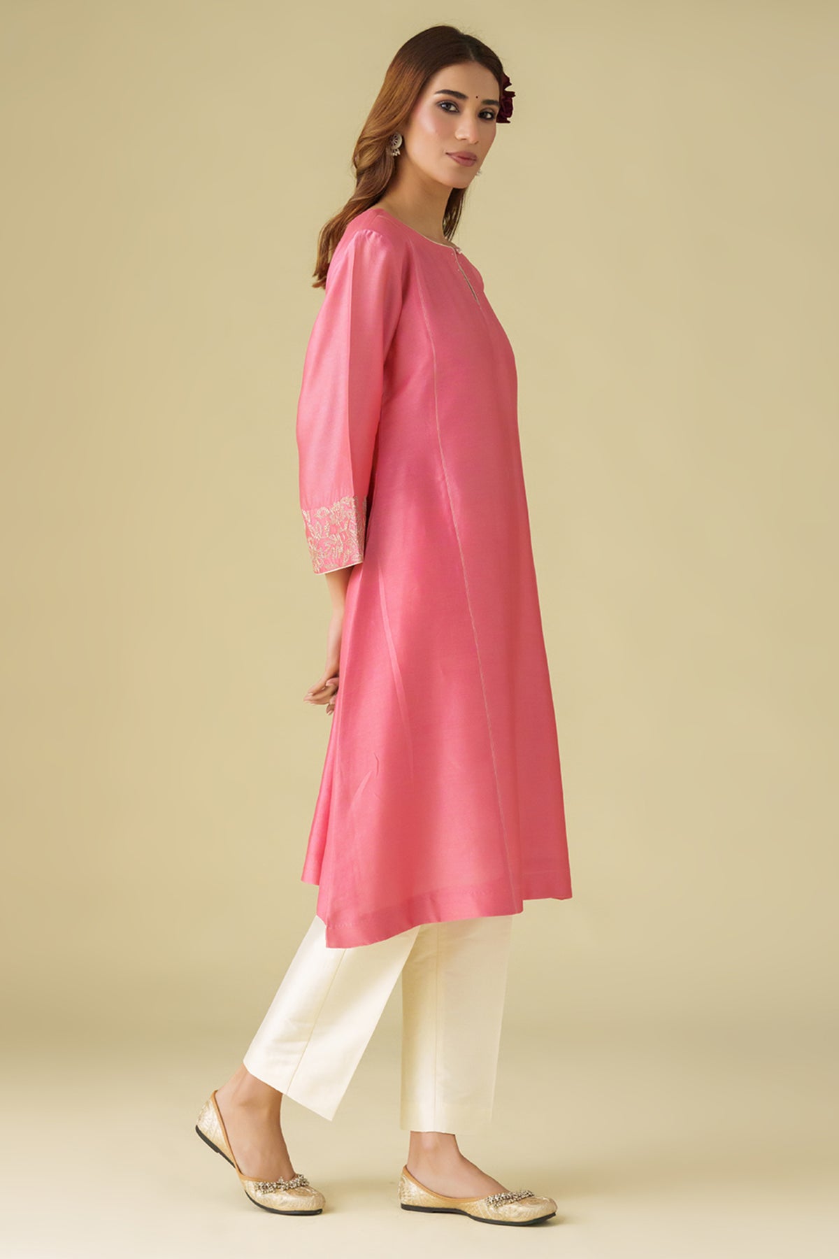 Pink Zari Embrodiery Gulzar Kurta