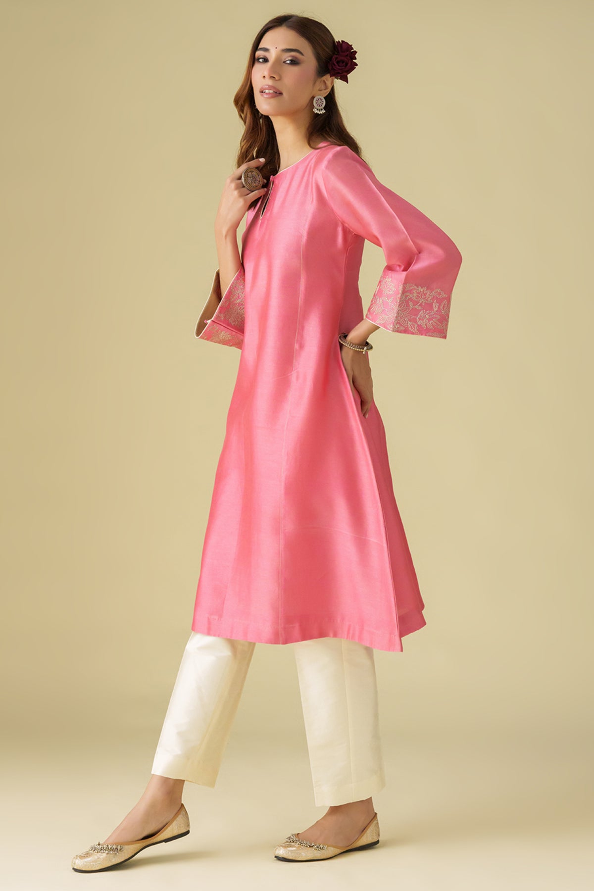 Pink Zari Embrodiery Gulzar Kurta