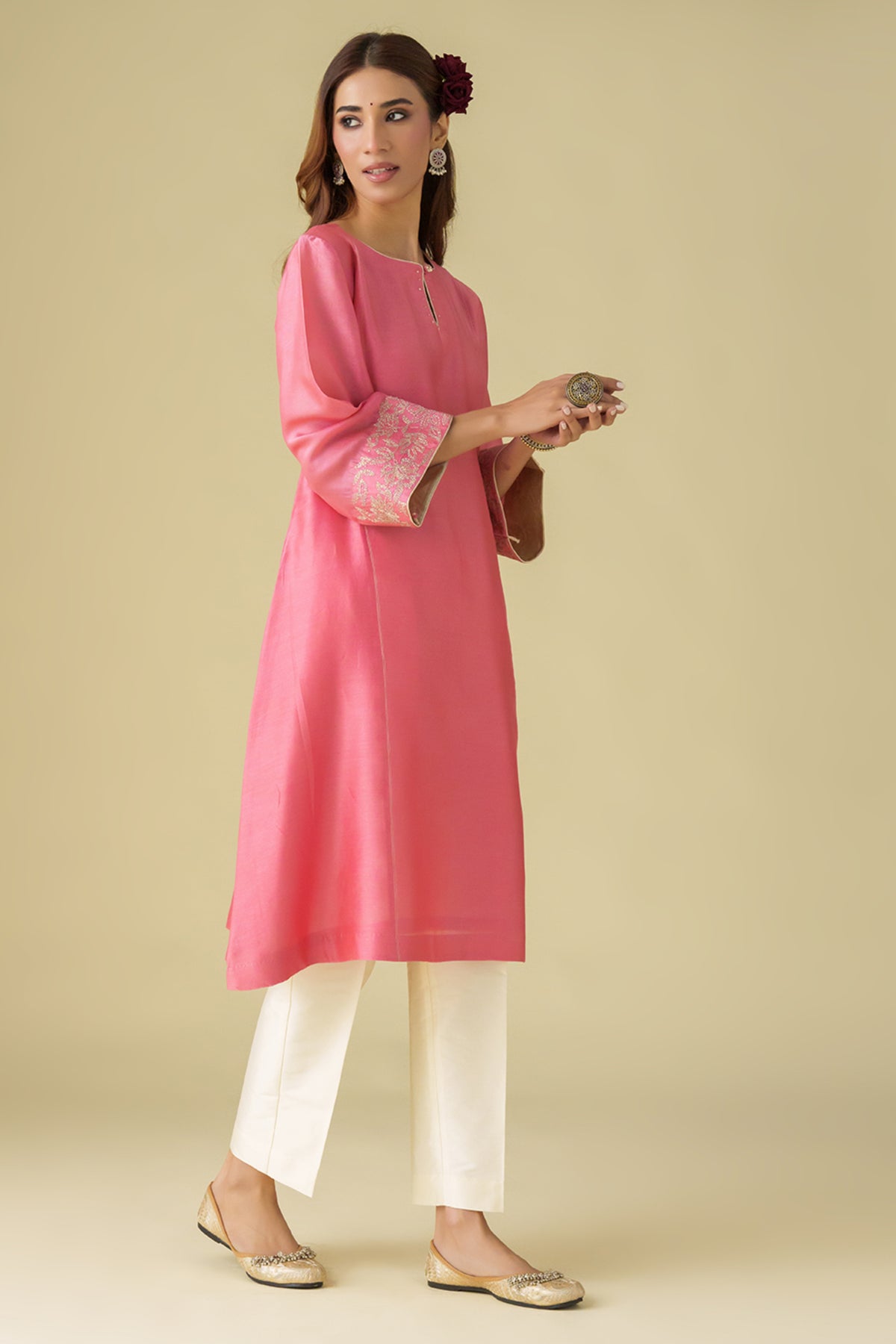Pink Zari Embrodiery Gulzar Kurta