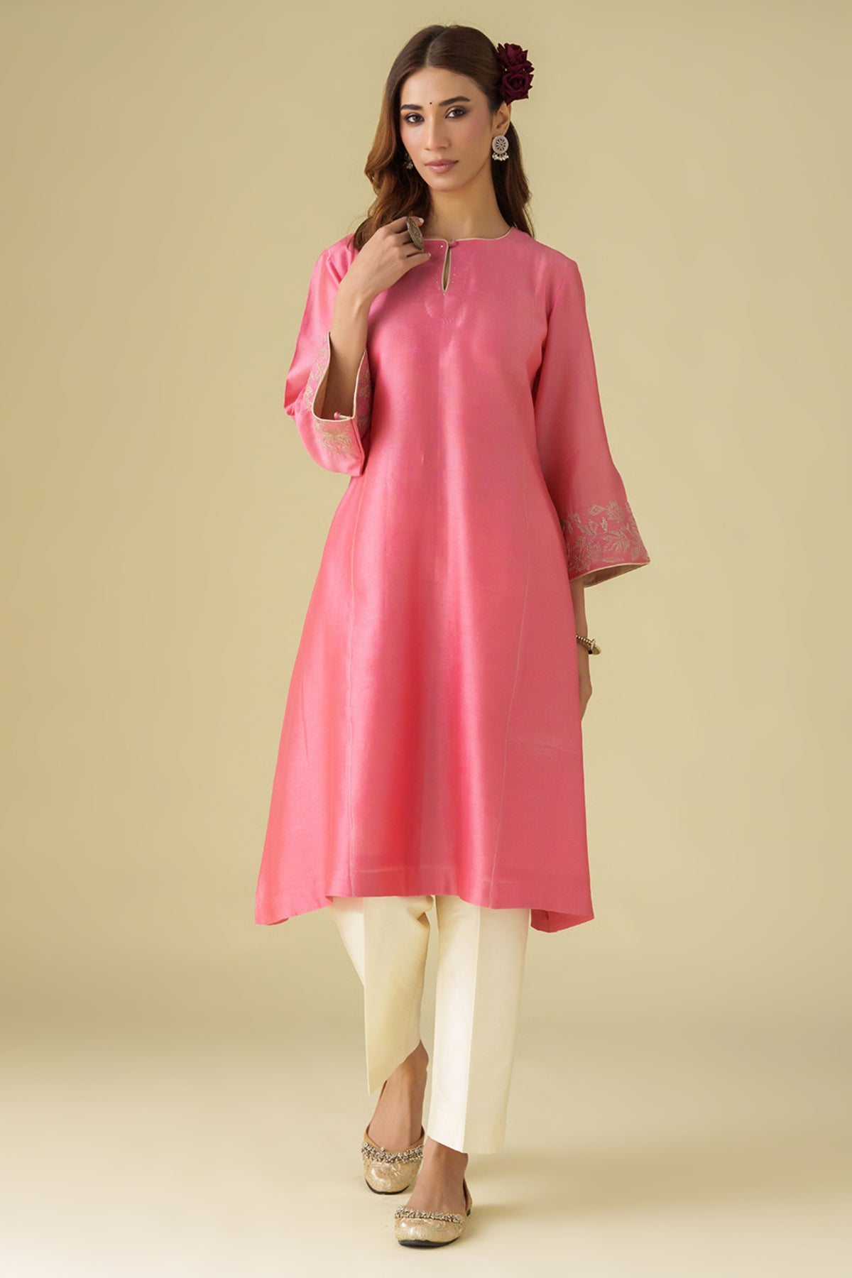 Pink Zari Embrodiery Gulzar Kurta
