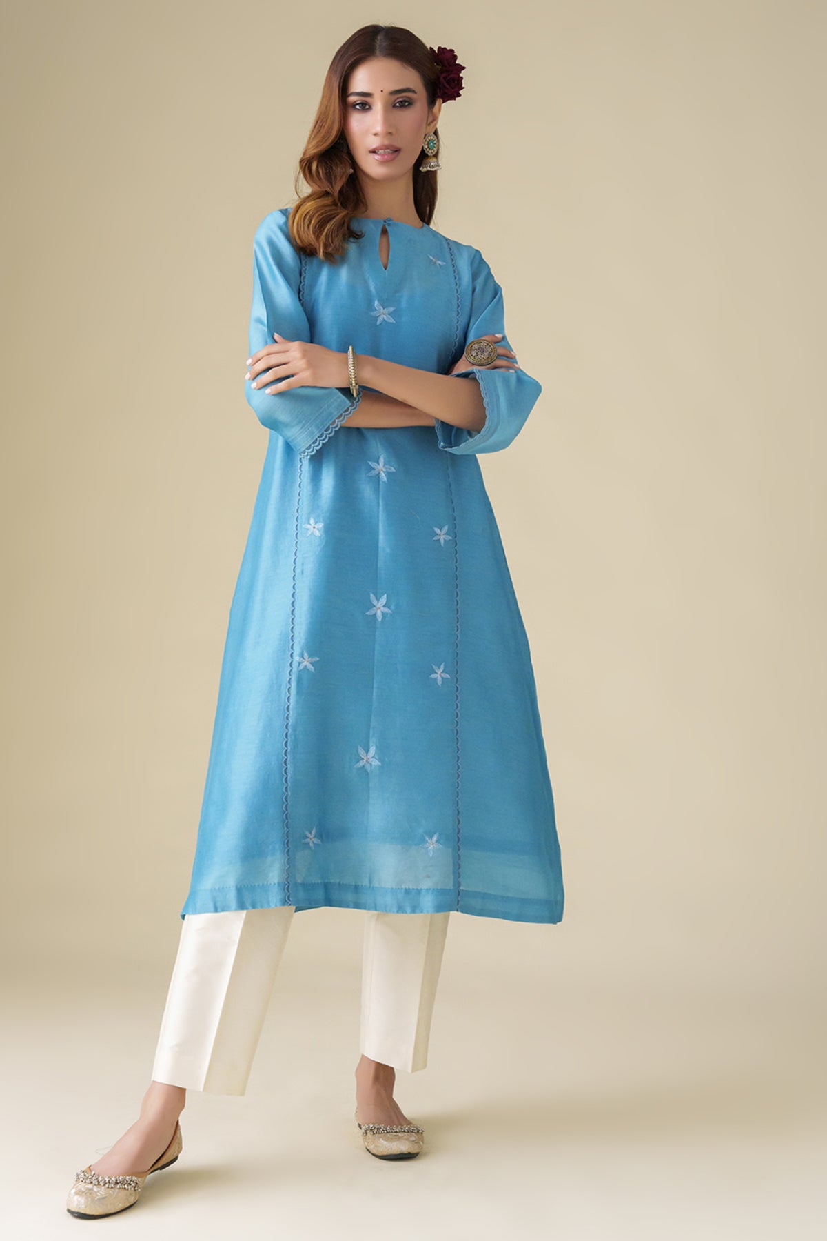 Blue Floral Embroidery Ujjwala Kurta