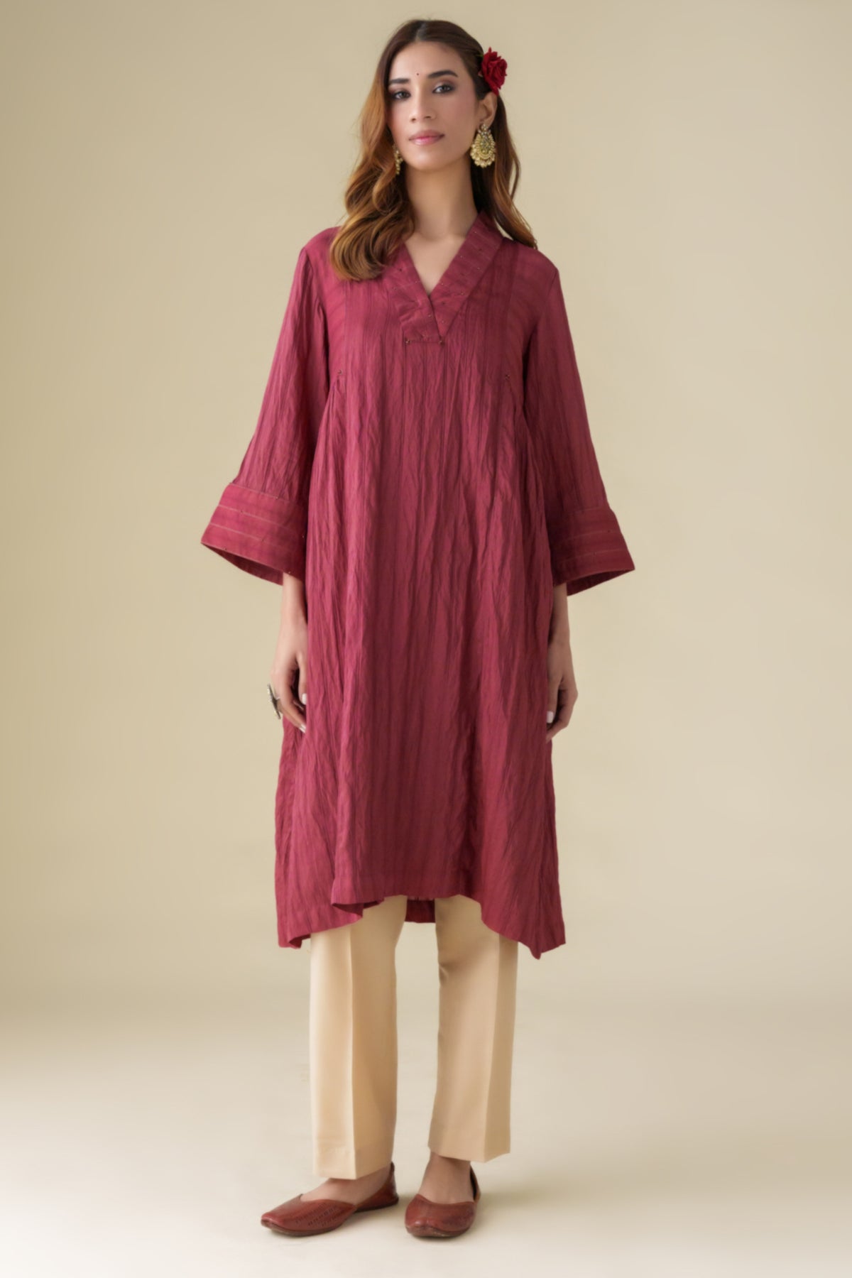 Maroon Crinkle Kurta With Slip