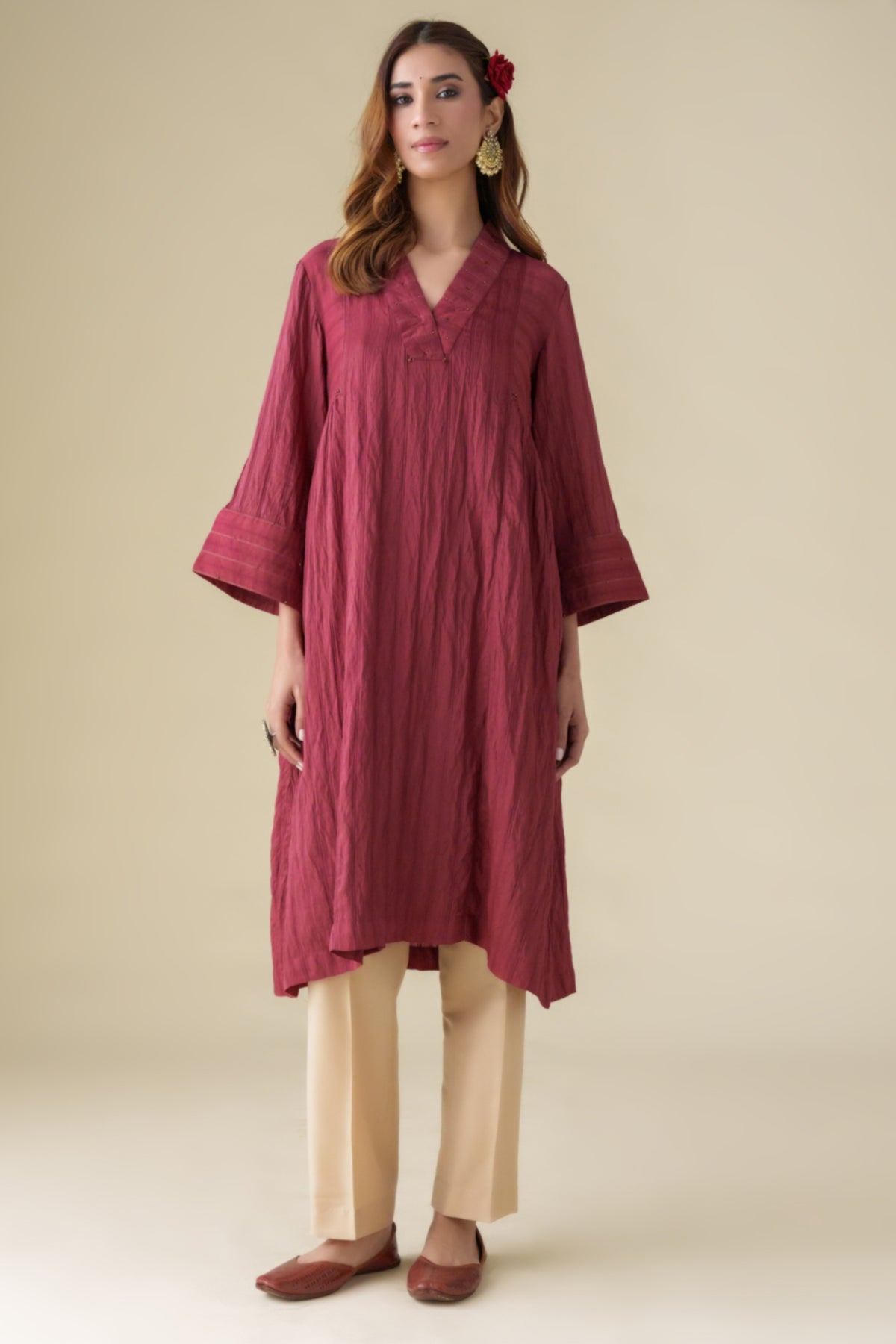 Maroon Crinkle Kurta Set