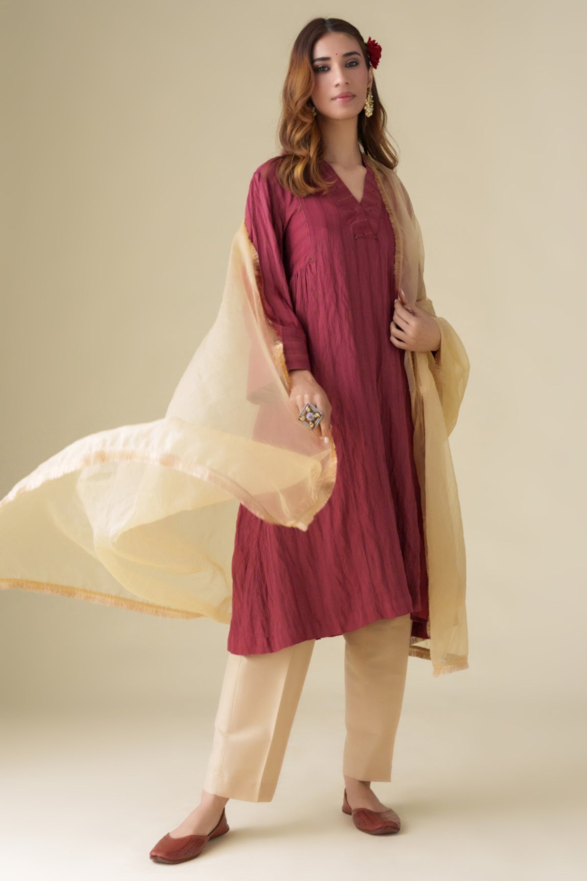 Maroon Crinkle Kurta Set