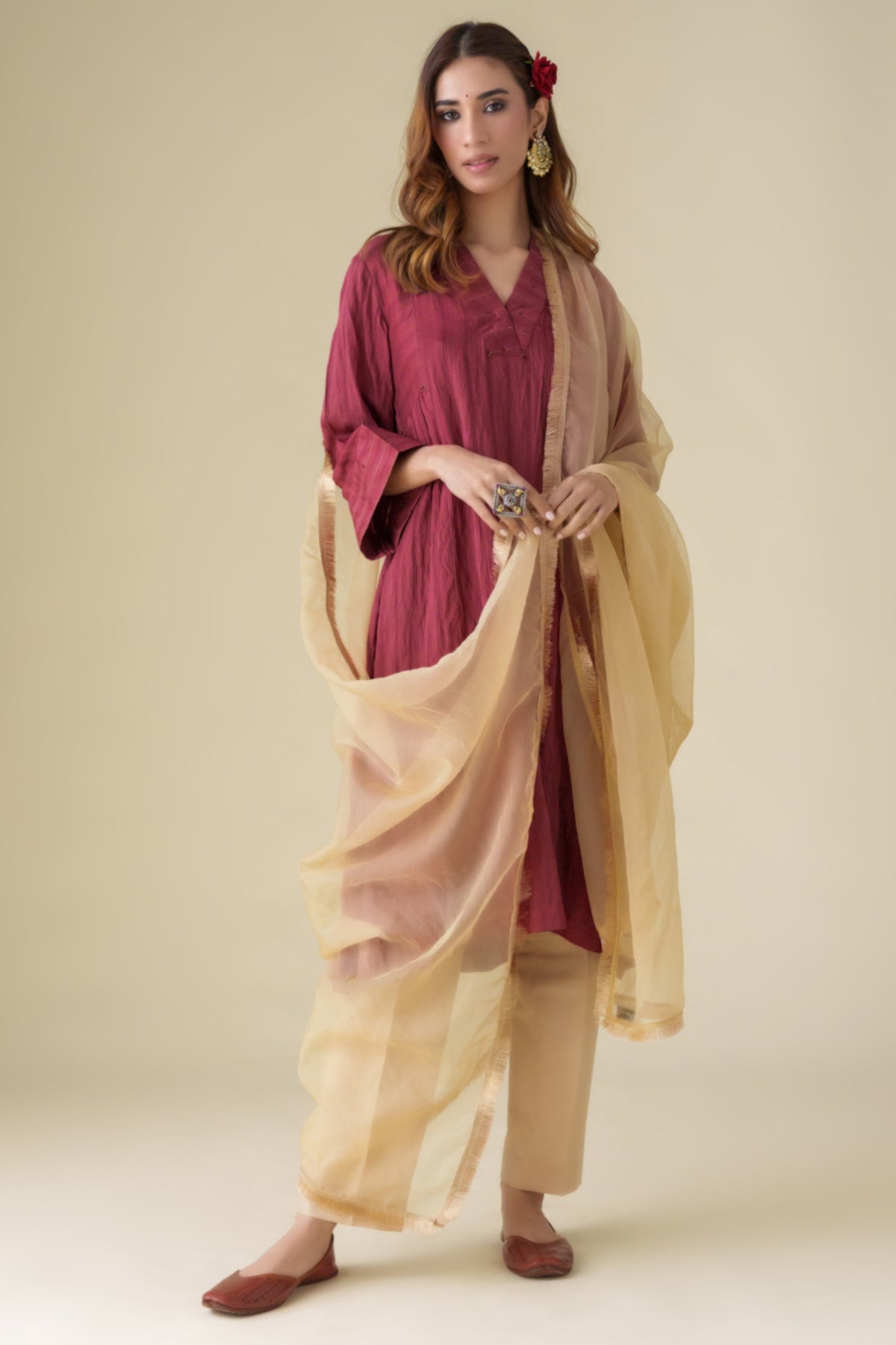 Maroon Crinkle Kurta Set