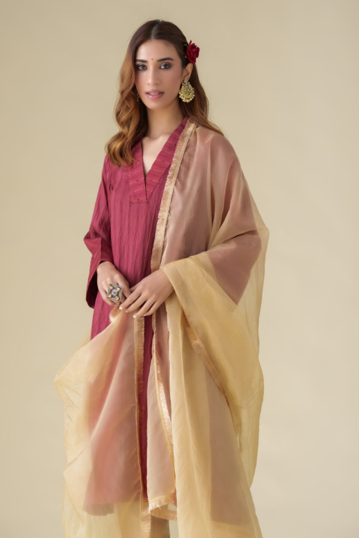 Maroon Crinkle Kurta Set