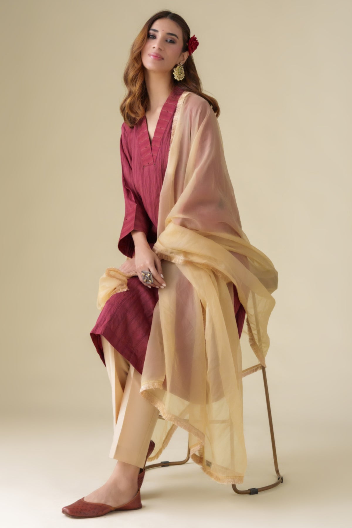 Maroon Crinkle Kurta Set
