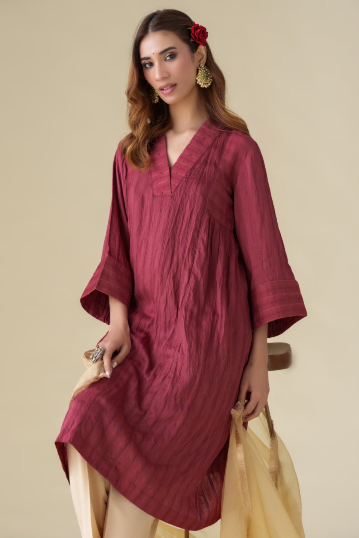 Maroon Crinkle Kurta Set