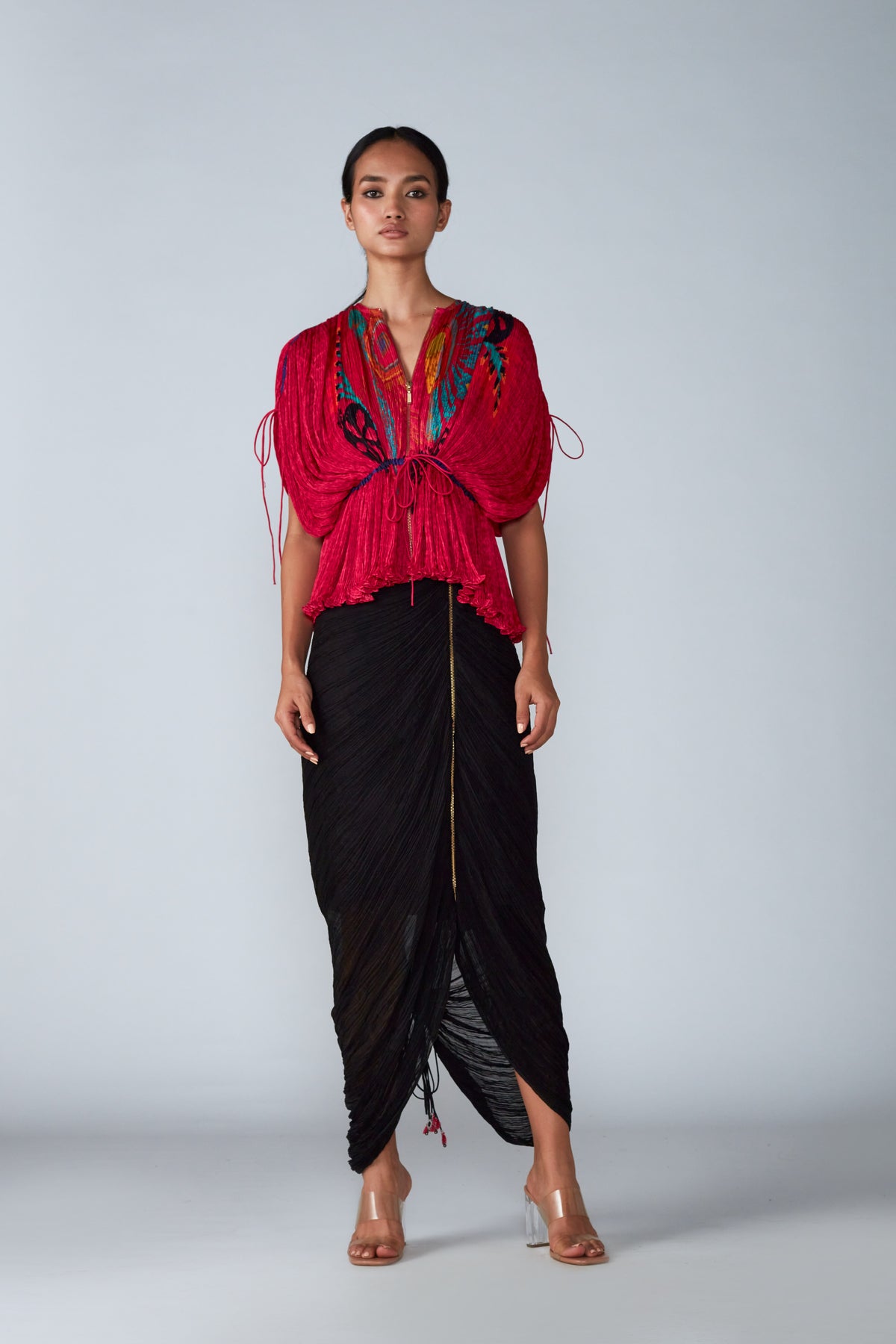 Red Draped Skirt Set