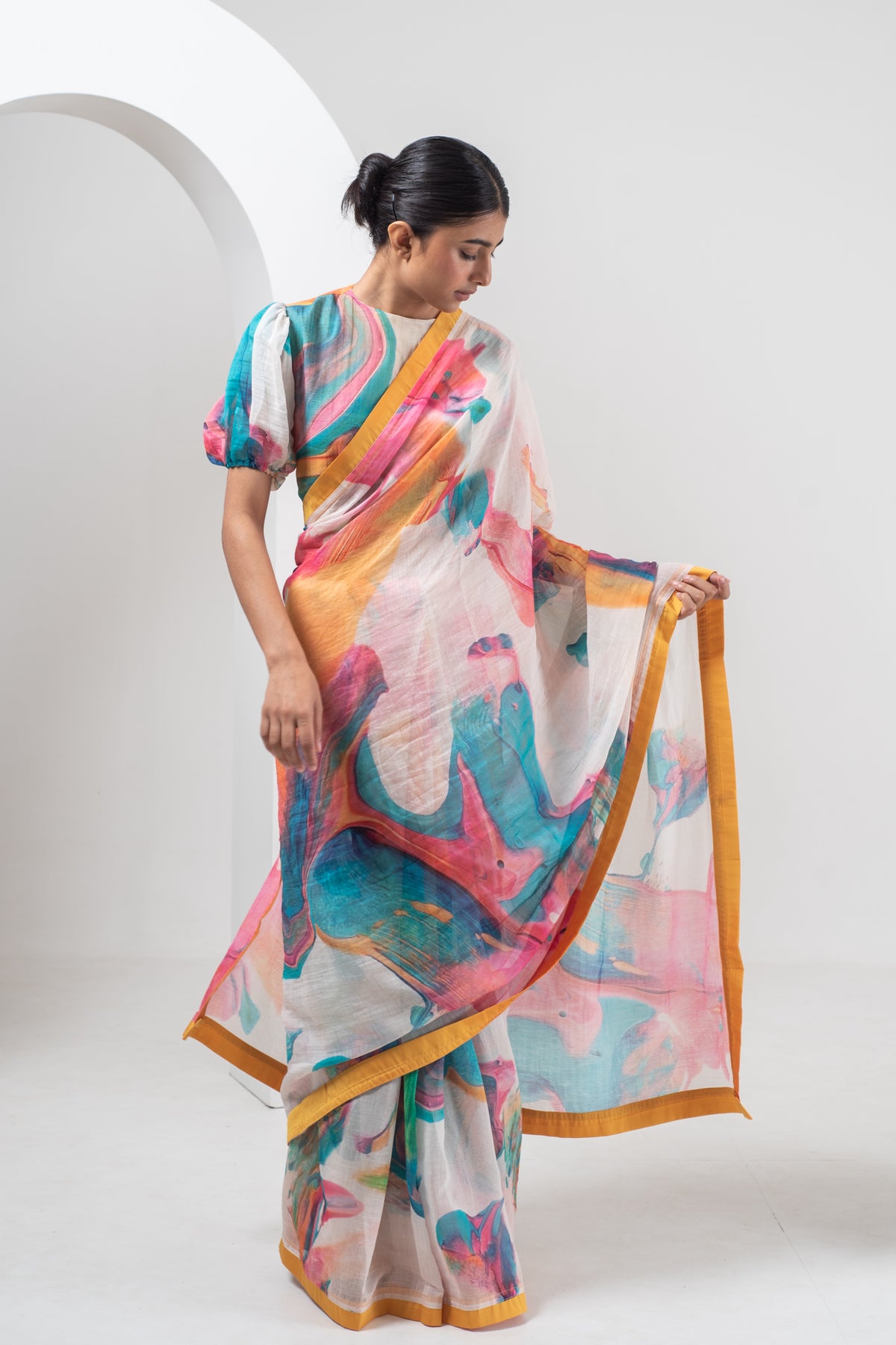 Abstract Print Chanderi Silk Saree Set