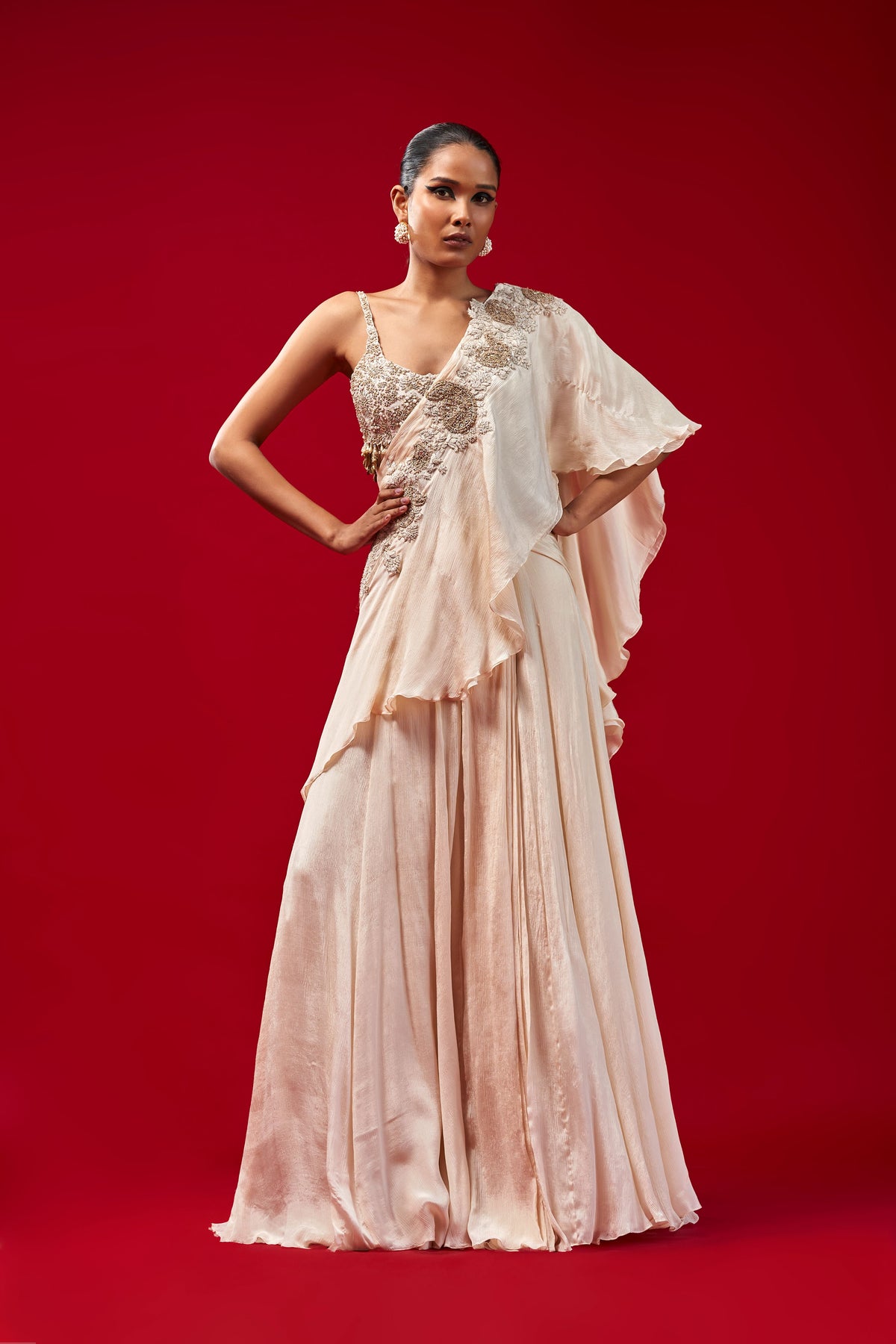 Ivory Paisely Draped Saree Set