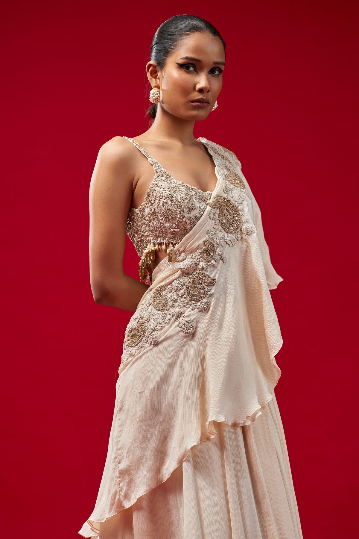 Ivory Paisely Draped Saree Set