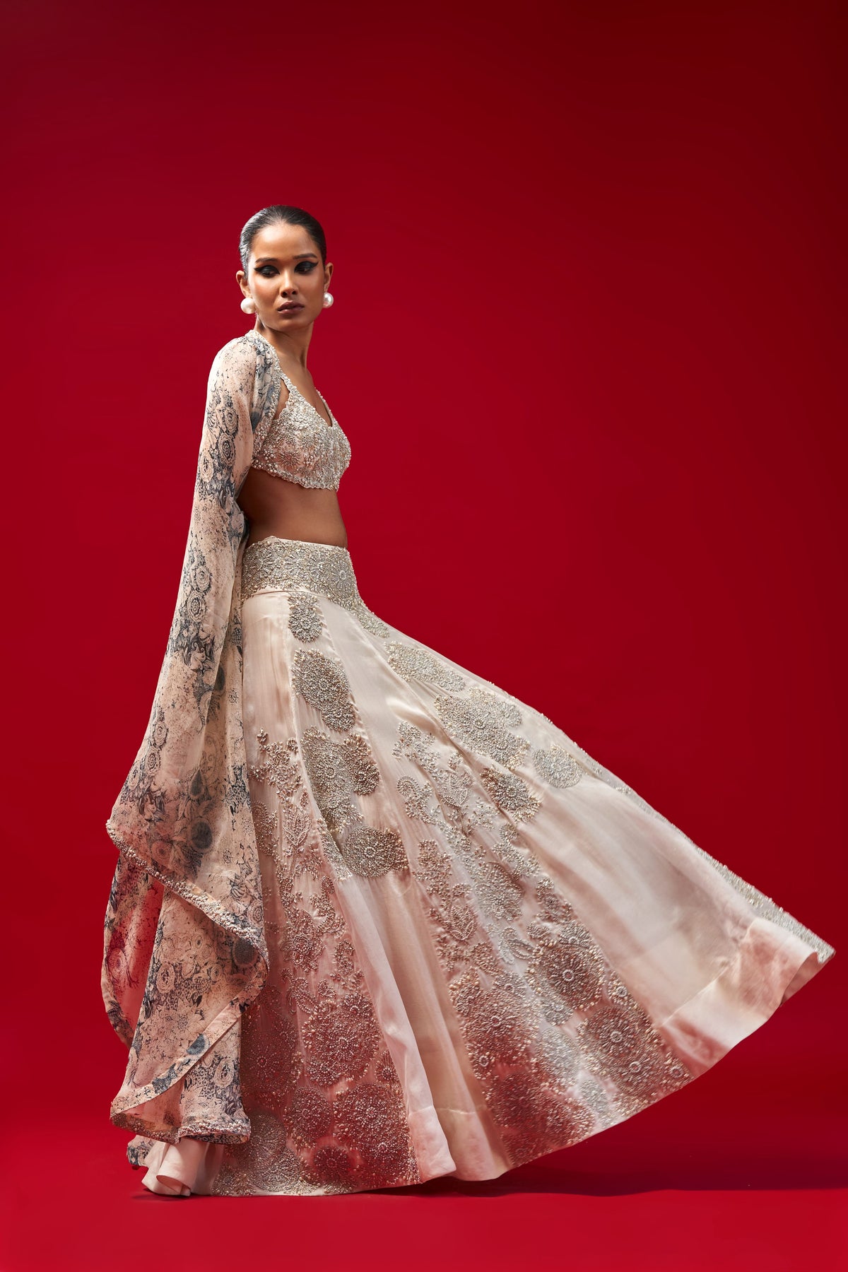 Ivory Organza Lehanga With Cape
