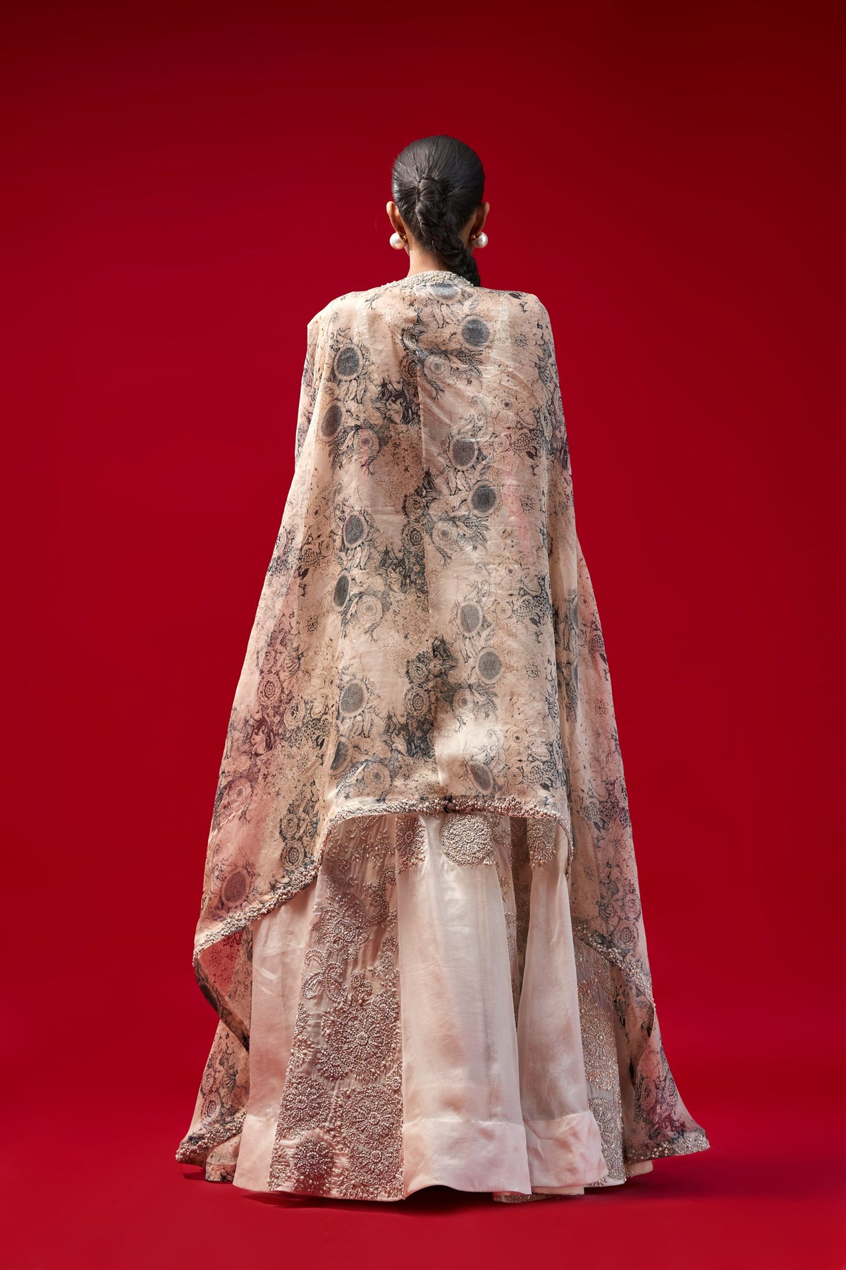 Ivory Organza Lehanga With Cape