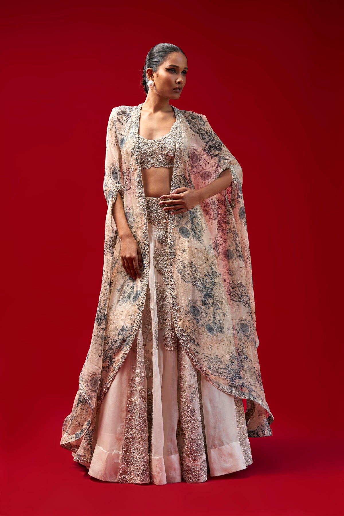 Ivory Organza Lehanga With Cape