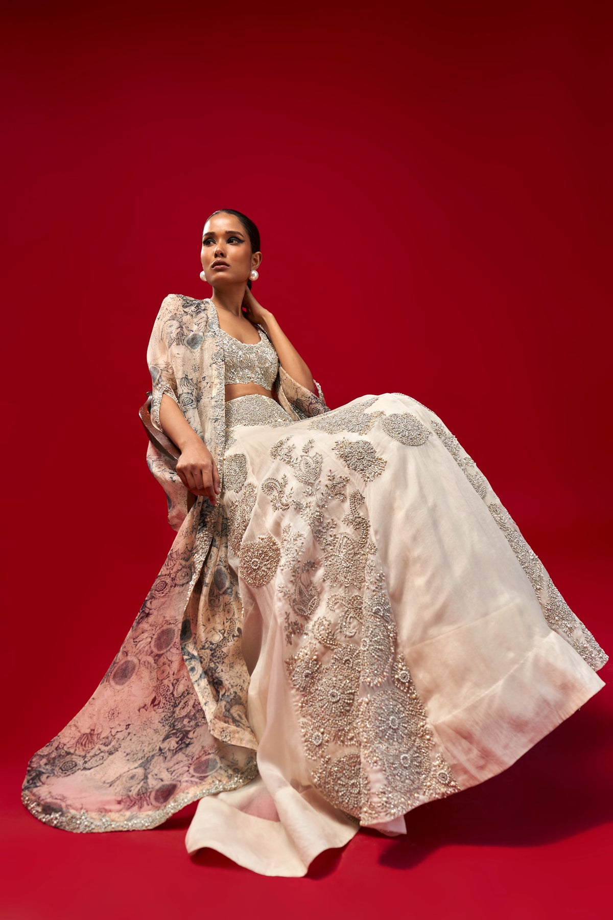 Ivory Organza Lehanga With Cape
