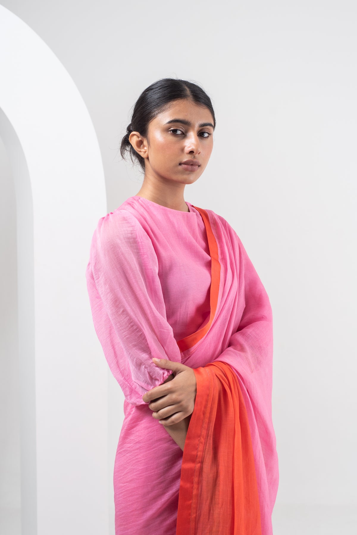 Red And Pink Ombre Chanderi Silk Saree Set