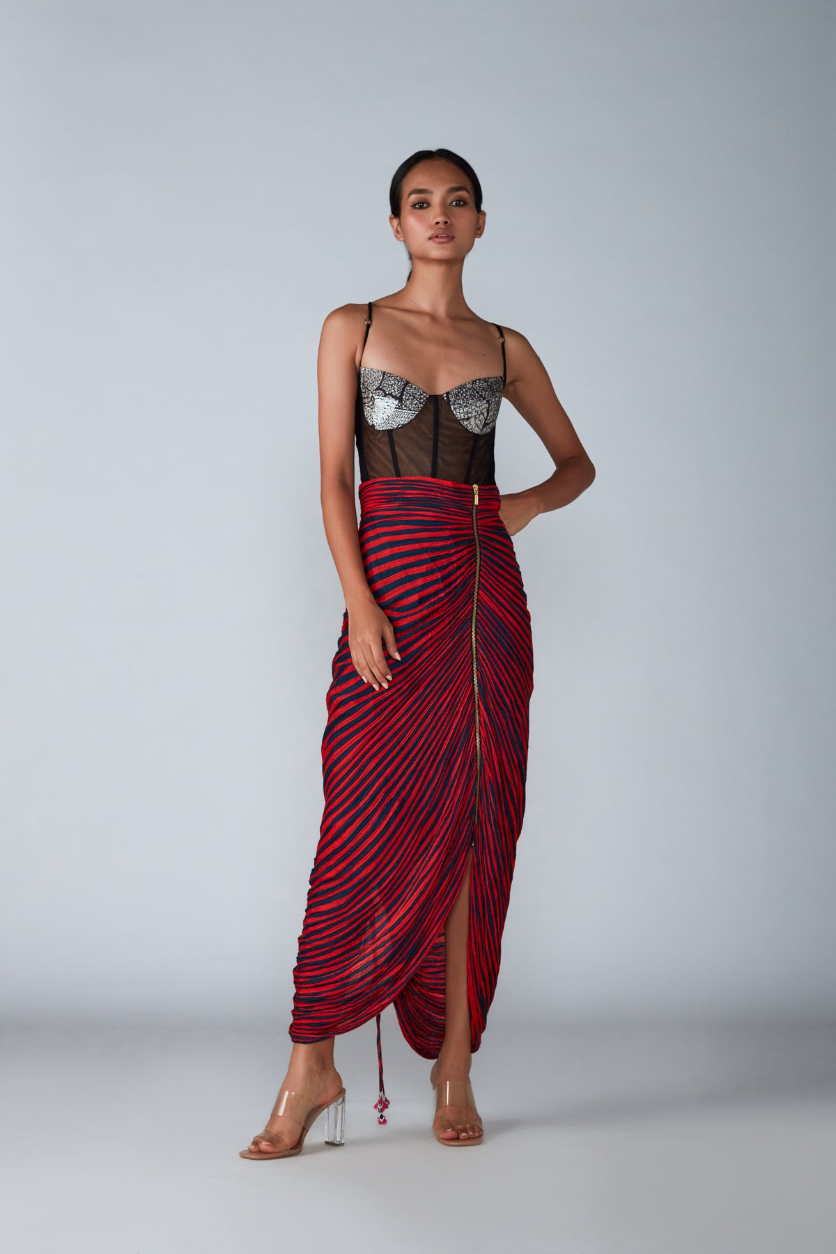 Red Draped Skirt Set