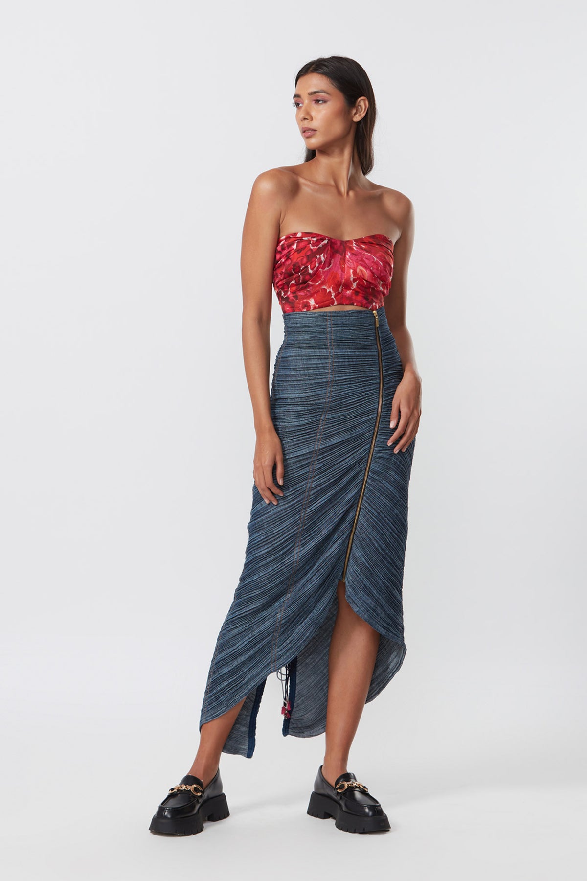 Micro Pleated Denim Skirt Set