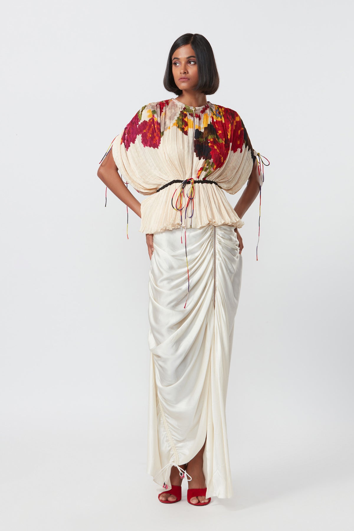 Pleated Kaftan Styled Top With Draped Skirt