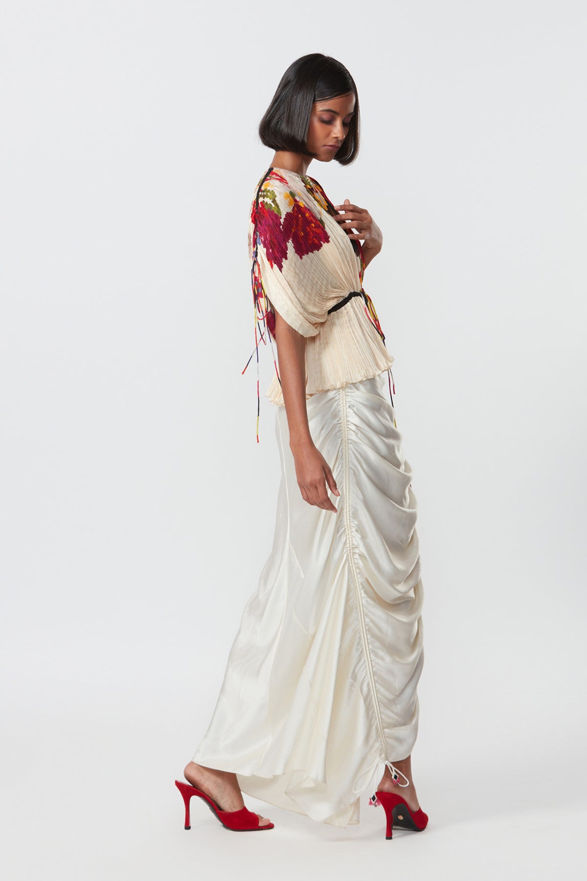 Pleated Kaftan Styled Top With Draped Skirt