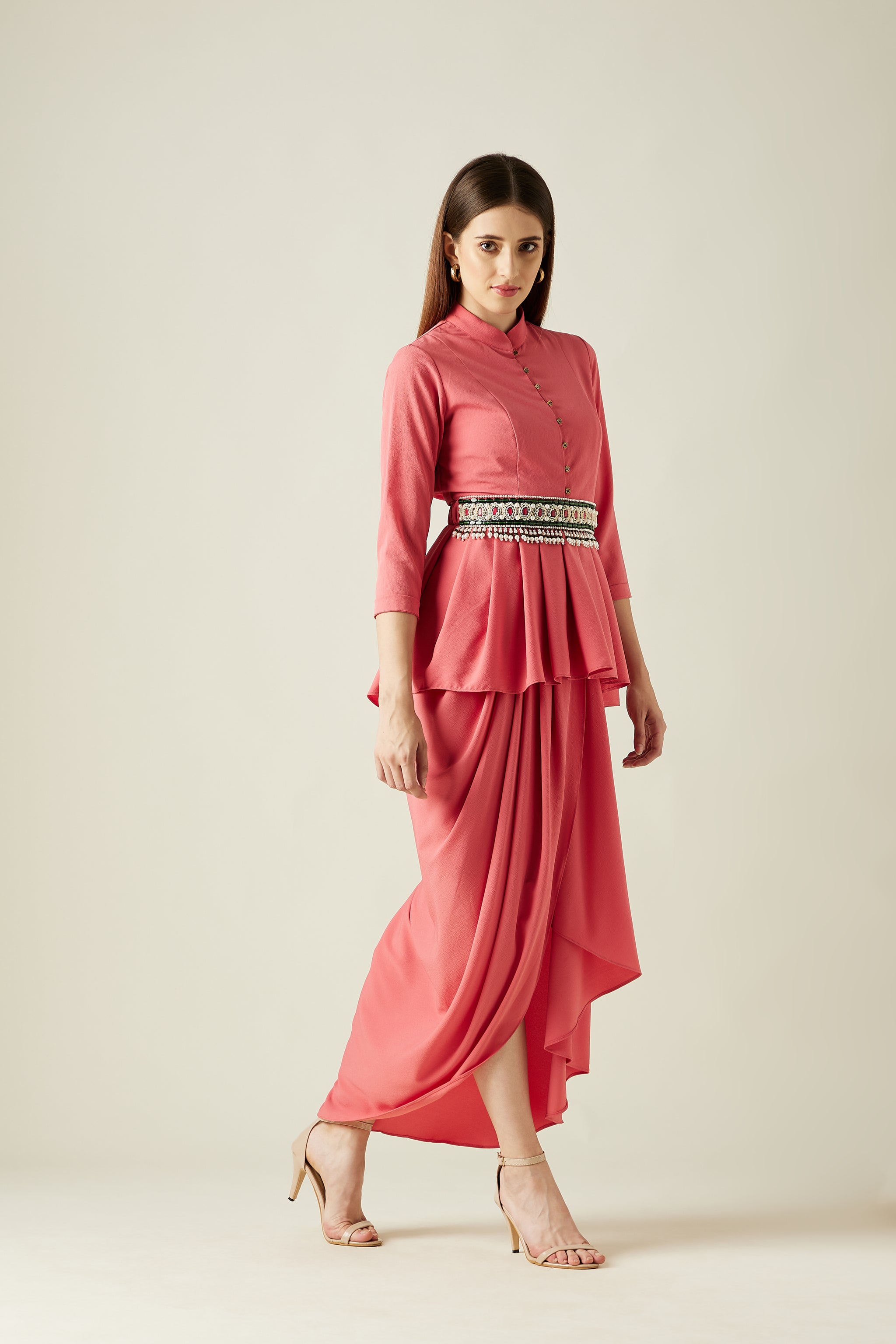 Aakaar - Coral Peplum Cord Set L Aakaar - Coral Peplum Cord Set L