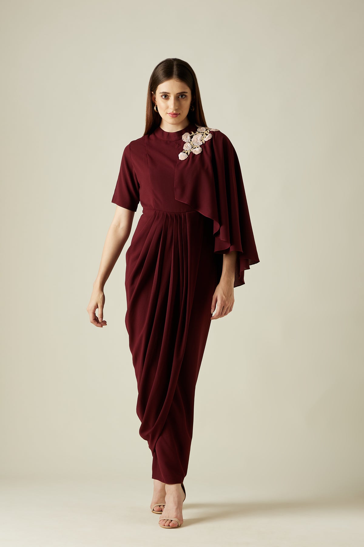 Wine Floral Drape Dress