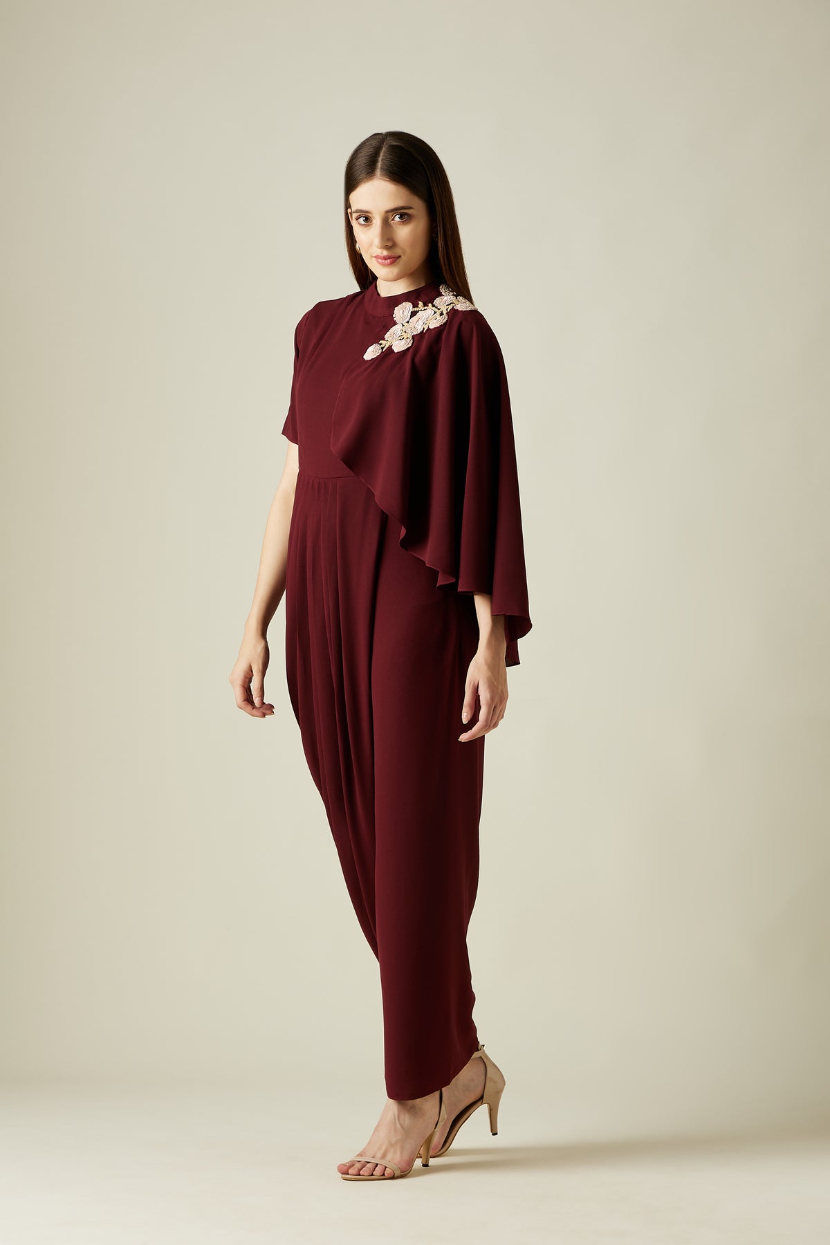 Wine Floral Drape Dress