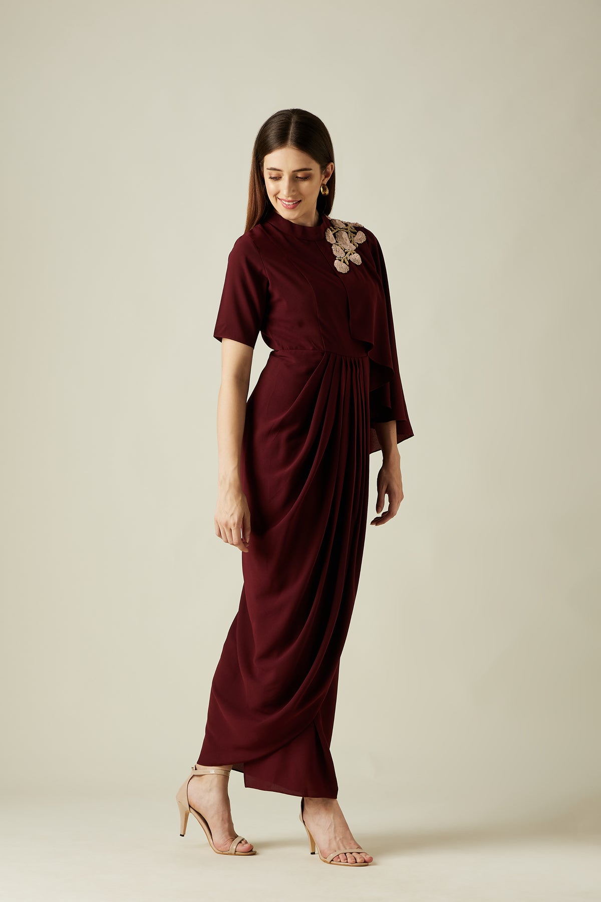 Wine Floral Drape Dress