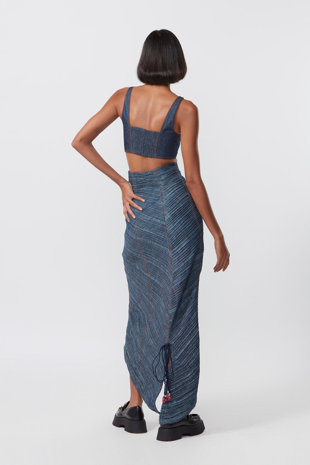 Square Cut Denim Bustier With Skirt
